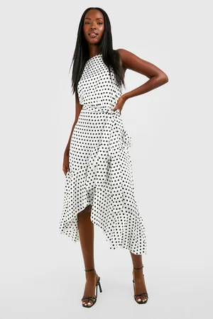 Boohoo Satin Polka Dot Frill Detail Midi Dress