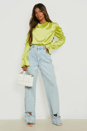 Boohoo Cowl Ruched Sleeve Satin Long Sleeve Blouse