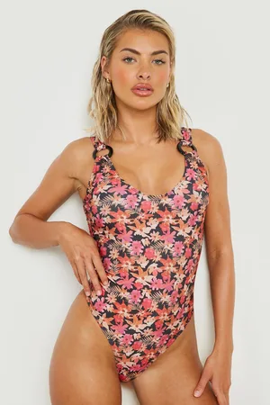 Boohoo Floral Ring Plunge Wrap Tie Waist Swimsuit