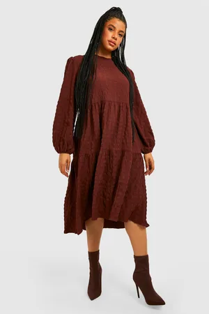 Boohoo Plus Textured Long Sleeve Midi Smock Dress