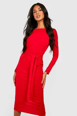 Boohoo Basic Long Sleeve Tie Waist Crepe Midi Dress