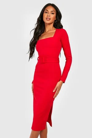 Boohoo Long Sleeve Square Neck Belted Midi Dress