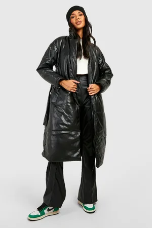 Boohoo Faux Leather Belted Puffer Jacket