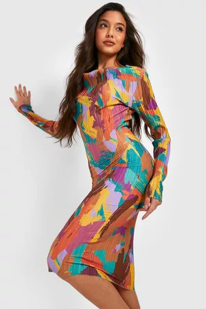 Boohoo Dame Bodycon kjoler - Abstract Plisse Long Sleeve Cowl Midi Dress