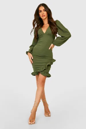Boohoo Blouson Sleeve Ruffle Wrap Dress