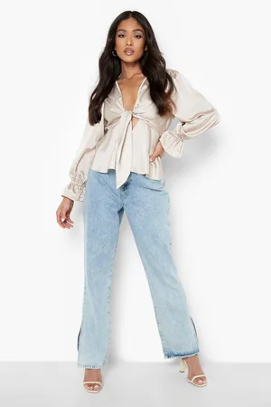 Boohoo Petite Satin Tie Front Flare Cuff Blouse