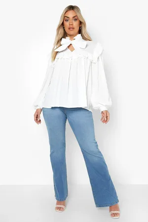 Boohoo Plus Pussybow Crinkle Smock Blouse