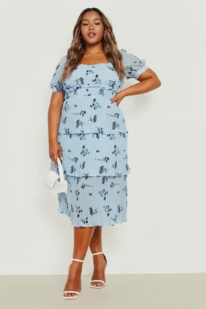Boohoo Plus Floral Plisse Tiered Frill Midi Dress