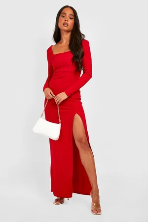Boohoo Petite Long Sleeve Side Split Square Neck Maxi Dress