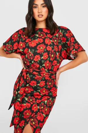 Boohoo Slash Neck Tie Waist Floral Print Midi Dress