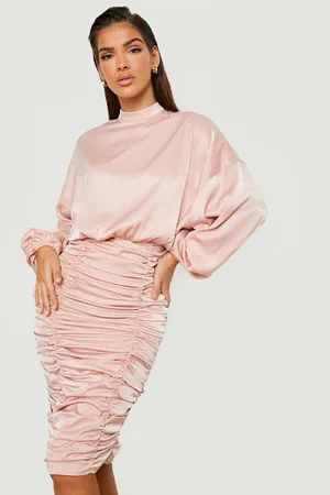 Boohoo Satin Ruched Detail High Neck Midi Dress