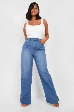 Boohoo Plus Diamante Trim Split Slim Wide Leg Jean