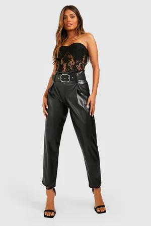 Boohoo Leather Look Belted High Waisted Trousers
