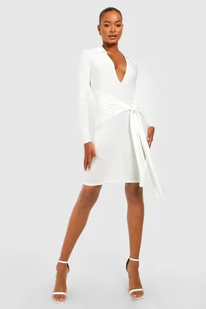 Boohoo Tall Slinky Tie Front Plunge Mini Shirt Dress