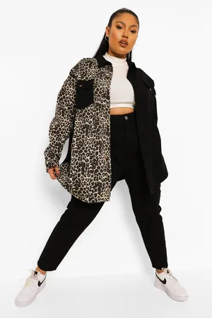 Boohoo Plus Leopard Spliced Oversized Denim Shirt