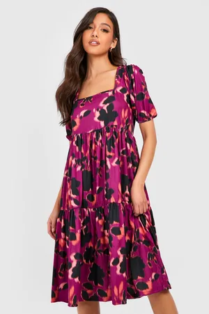 Boohoo Floral Print Square Neck Tiered Midi Dress
