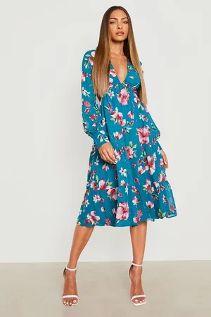 Boohoo Floral Ruffle Plunge Midi Dress