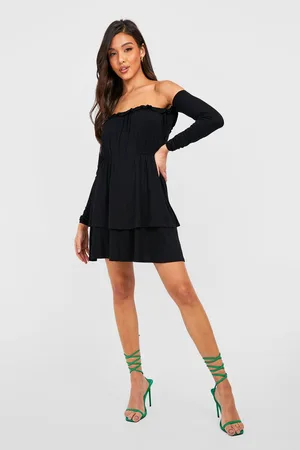 Boohoo Long Sleeve Frill Detail Skater Dress