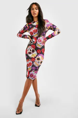 Boohoo Halloween Floral Skull Print Midi Dress