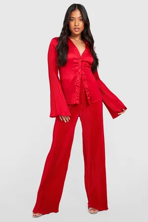 Boohoo Petite Satin Plisse Flare Sleeve Shirt
