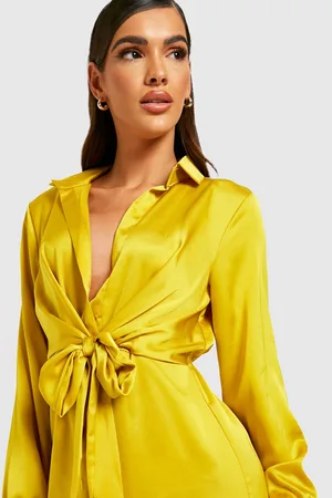 Boohoo Satin Knot Front Midi Shirt Dress
