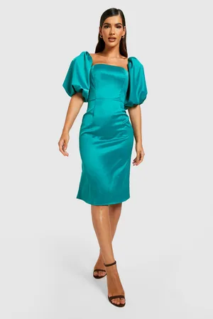 Boohoo Structured Puff Sleeve Satin Midi Dress