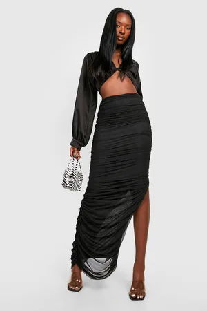 Boohoo Ruched Mesh Split Maxi Skirt