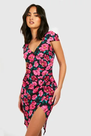 Boohoo Floral Print Cap Sleeve Wrap Midi Dress