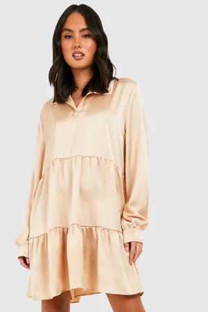 Boohoo Satin Tiered Smock Shirt Dress