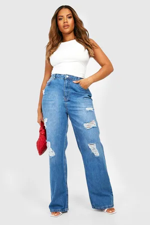 Boohoo Plus High Waist Distressed Split Hem Jeans