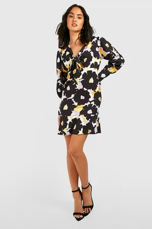 Boohoo Floral Tie Front Skater Dress