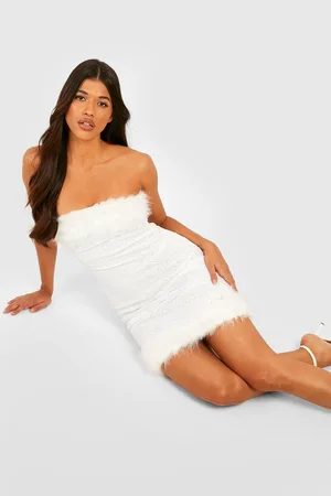 Boohoo Tall Sequin Feather Detail Bandeau Mini Dress
