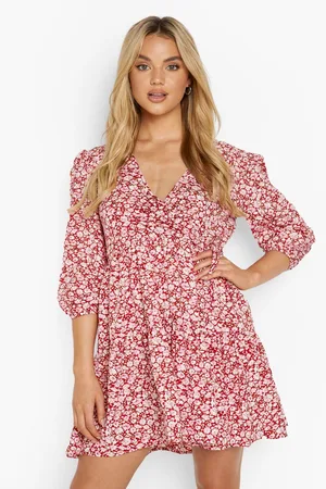 Boohoo Woven Floral Print Tie Detail Smock Dress