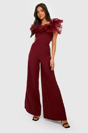 Boohoo Tuelle Ruffle Sleeve Wide Leg Jumpsuit