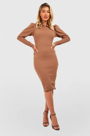 Boohoo Long Sleeve Collared Midi Dress