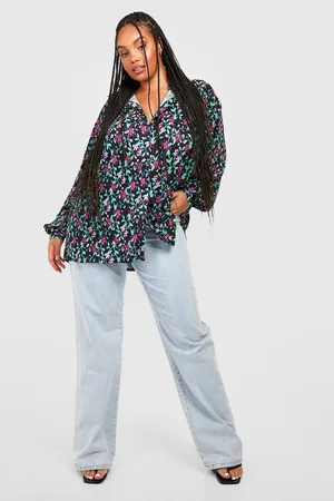 Boohoo Plus Floral Plisse Oversized Shirt