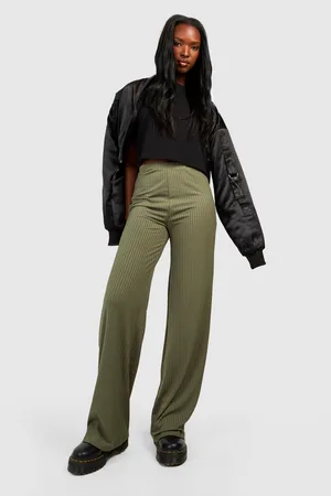 Boohoo Soft Rib High Waisted Wide Leg Trousers