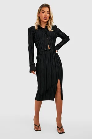 Boohoo Plisse Thigh Split High Waist Maxi Skirt