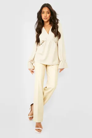 Boohoo Hammered Gathered Waist Flared Sleeve Blouse