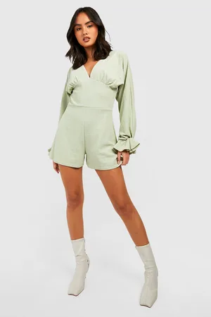 Boohoo Textured Volume Sleeve V Neck Playsuit