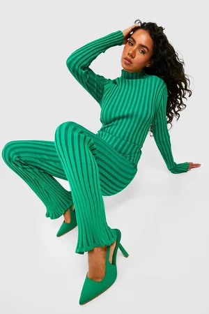 Boohoo Two Tone Wide Rib Jumper & Flares Knitted Set