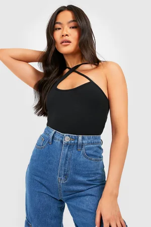 Boohoo Ripple Rib Cross Strap Halter Top