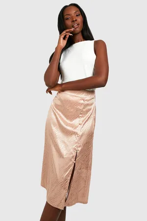 Boohoo Jacquard Satin Buttoned Midi Skirt