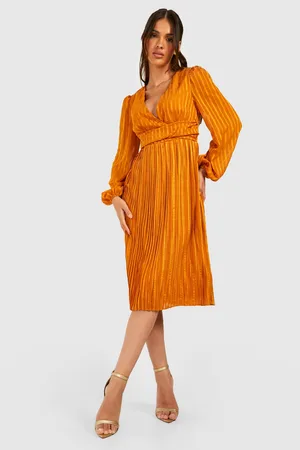 Boohoo Pleated Wrap Waist Midi Skater Dress