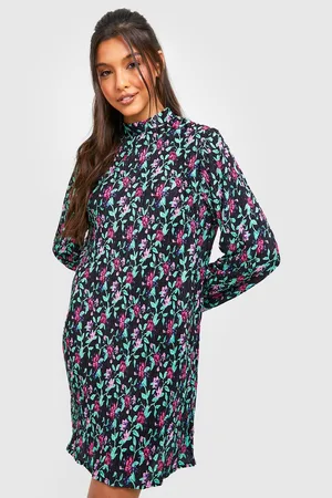 Boohoo Floral Plisse High Neck Shift Dress