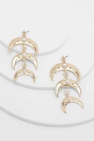 Boohoo Crescent Moon Pearl Inlay Triple Drop Earrings