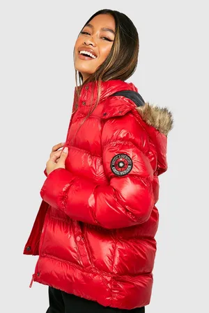 Boohoo High Shine Hooded Padded Coat With Faux Fur Trim