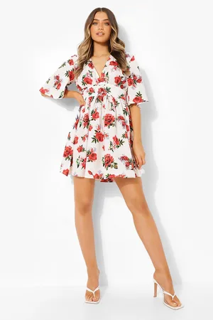 Boohoo Rose Print Lace Up Detail Flute Sleeve Skater Dress