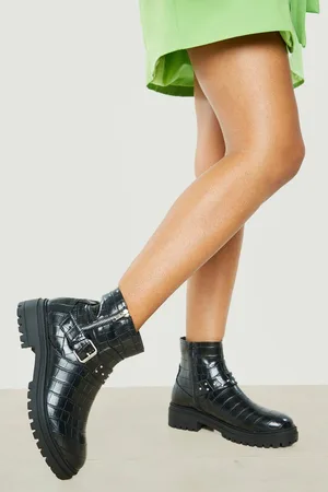 Boohoo Wide Fit Side Zip Croc Buckle Boots