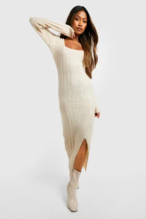 Boohoo Square Neck Mixed Rib Knitted Midaxi Dress